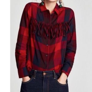 Zara Fringe Western Red Flannel Shirt
